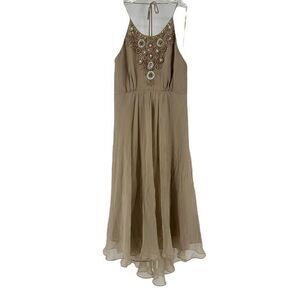 Milly Silk Beaded Halter Dress Knee Length Beige Formal Size 2 Party Cocktail